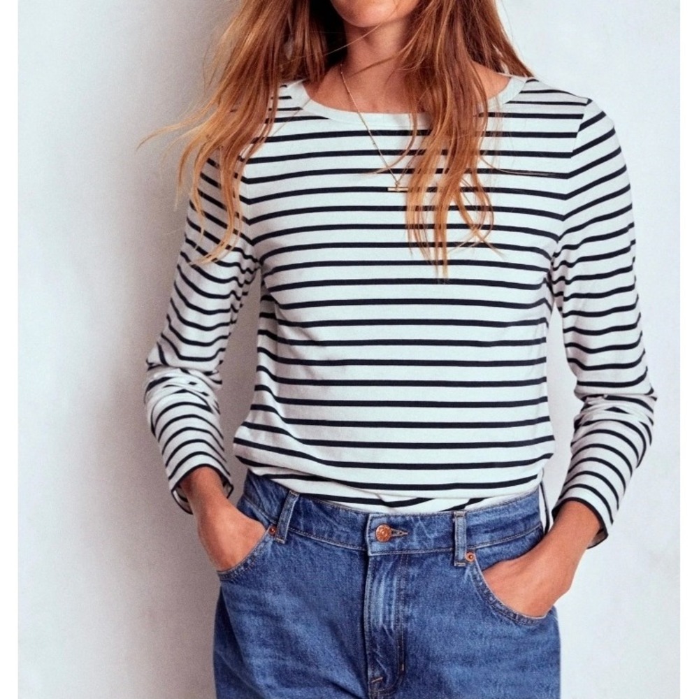 Boden Olivia Long Sleeve Breton Top 16-18 Navy Ivory Striped Cotton Tee